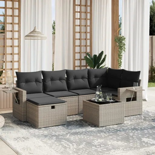 Conjunto Sofás p/ Jardim c/ Almofadões Vime PE Cinzento (7 pcs)