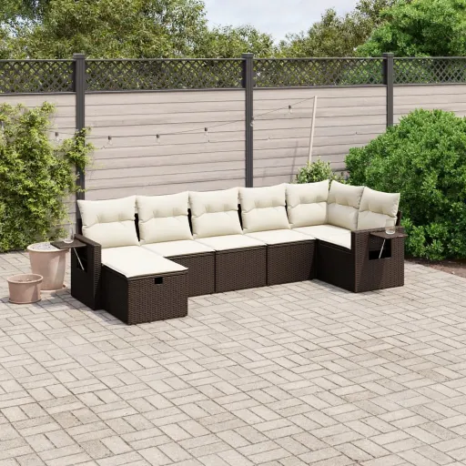 Conjunto de Sofás Jardim c/ Almofadões Vime PE Castanho (7 pcs)