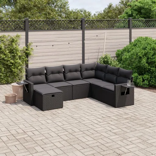 Conjunto de Sofás p/ Jardim c/ Almofadões Vime PE Preto (7 pcs)