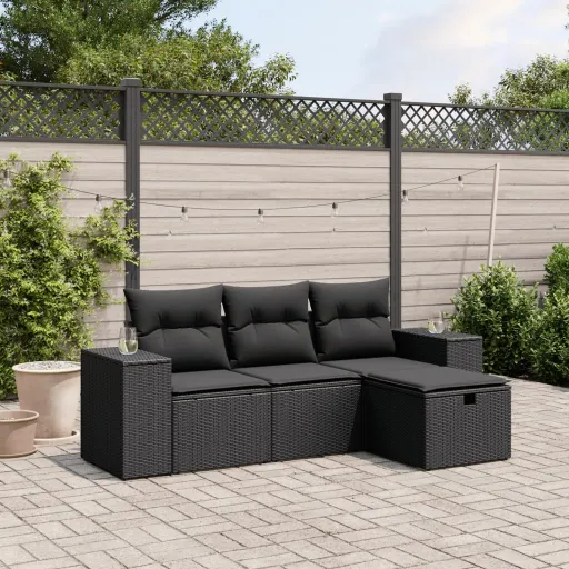 Conjunto de Sofás para Jardim c/ Almofadões Vime PE Preto (4 pcs)