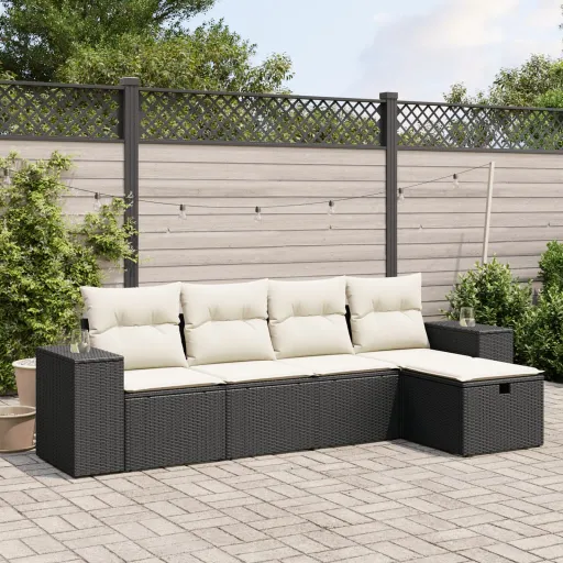Conjunto Sofás de Jardim com Almofadões Vime PE Preto (5 pcs)