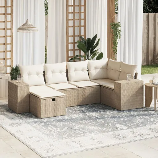 Conjunto de Sofás p/ Jardim com Almofadões Vime PE Bege (6 pcs)