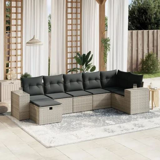 Conjunto Sofás p/ Jardim c/ Almofadões Vime PE Cinzento (7 pcs)