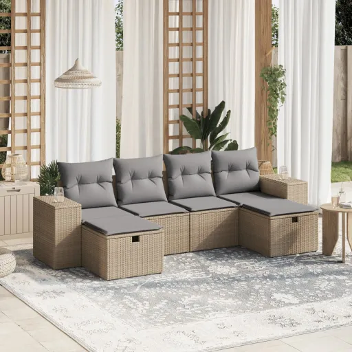 Conj. Sofás Jardim c/ Almofadões Vime PE Bege Misturado (6 pcs)
