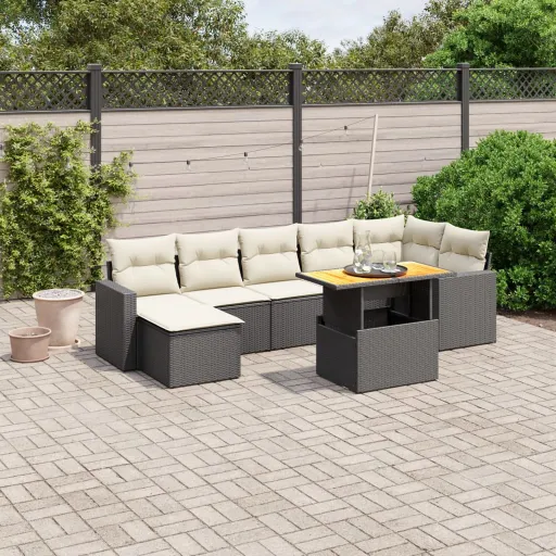 Conjunto Sofás de Jardim com Almofadões Vime PE Preto (8 pcs)