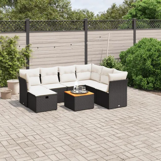 Conjunto Sofás de Jardim com Almofadões Vime PE Preto (8 pcs)