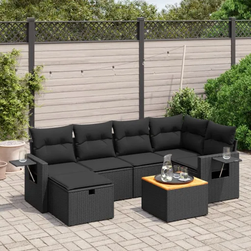 Conjunto de Sofás p/ Jardim c/ Almofadões Vime PE Preto (7 pcs)