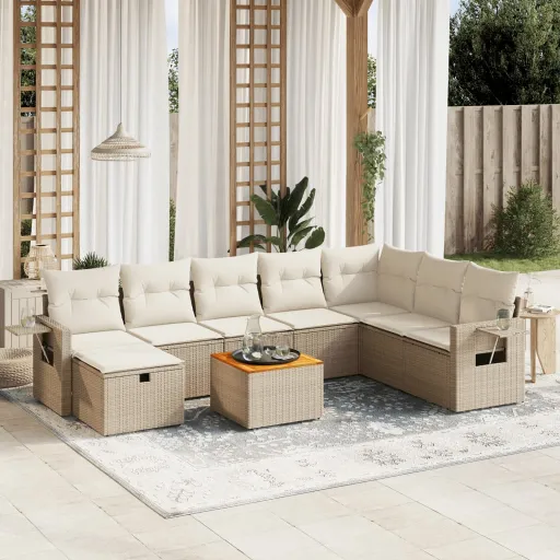 Conjunto de Sofás p/ Jardim com Almofadões Vime PE Bege (9 pcs)