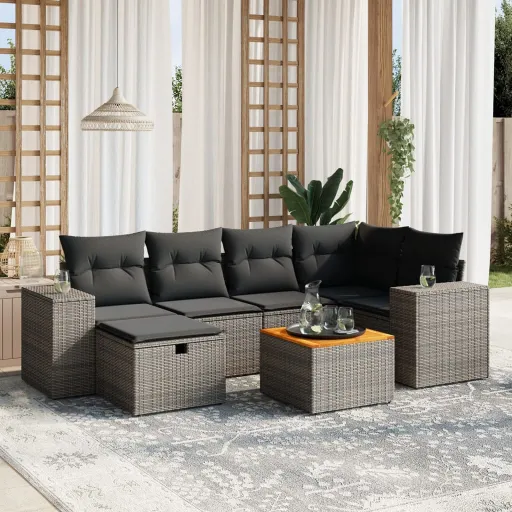 Conjunto Sofás p/ Jardim c/ Almofadões Vime PE Cinzento (7 pcs)