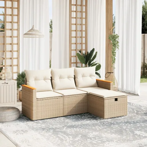 Conjunto de Sofás para Jardim c/ Almofadões Vime PE Bege (4 pcs)