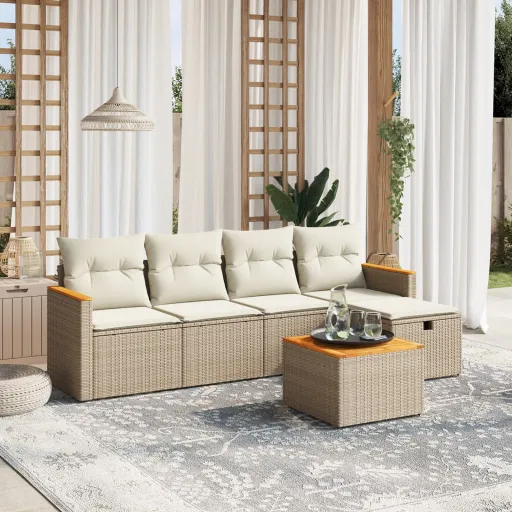 Conjunto de Sofás p/ Jardim com Almofadões Vime PE Bege (6 pcs)