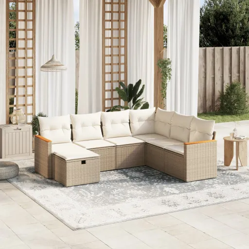 Conjunto de Sofás p/ Jardim com Almofadões Vime PE Bege (7 pcs)