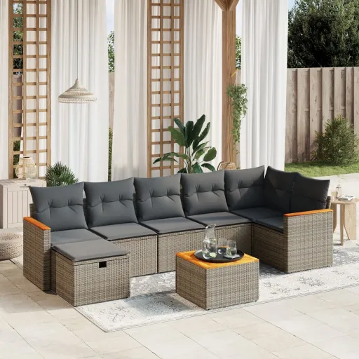 Conjunto Sofás de Jardim c/ Almofadões Vime PE Cinzento (8 pcs)