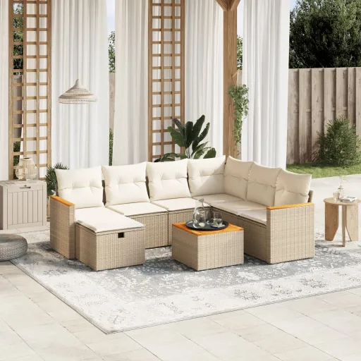 Conjunto de Sofás p/ Jardim com Almofadões Vime PE Bege (8 pcs)