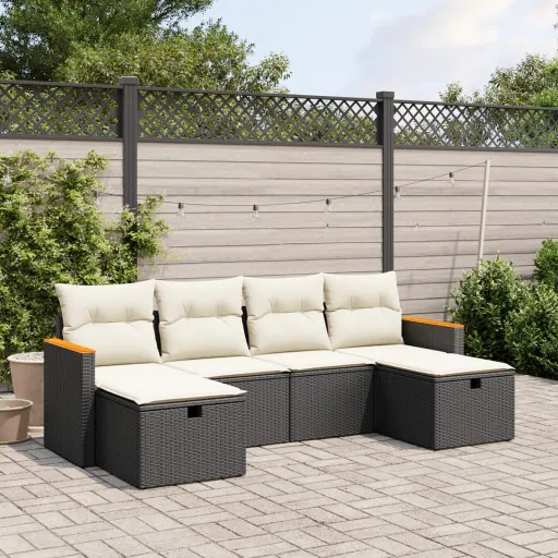 Conjunto Sofás de Jardim c/ Almofadões Vime PE Preto (6 pcs)