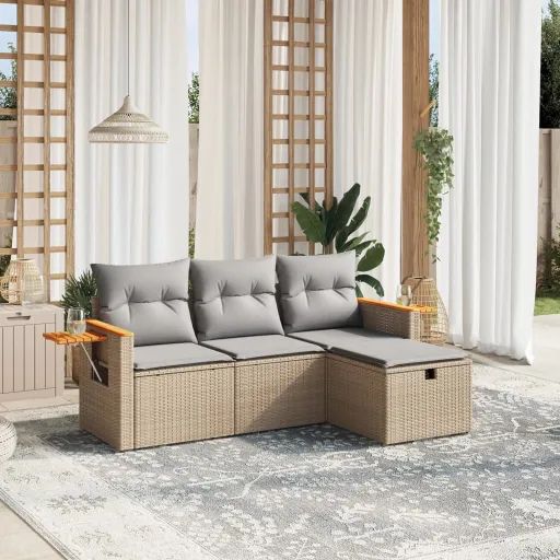 Conj. Sofás Jardim c/ Almofadões Vime PE Bege Misturado (4 pcs)