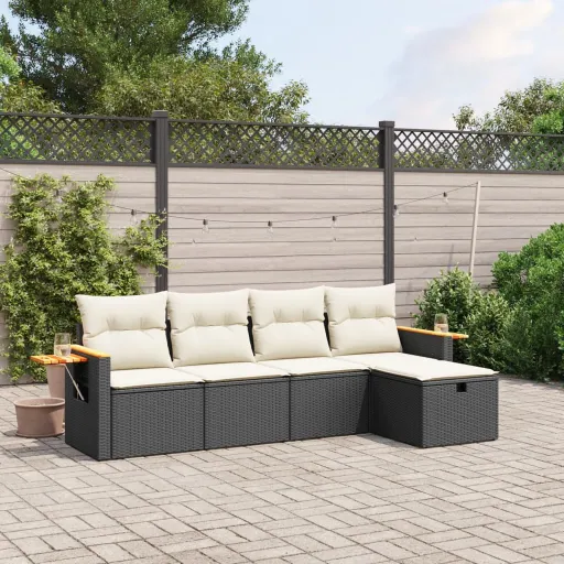 Conjunto Sofás de Jardim com Almofadões Vime PE Preto (5 pcs)
