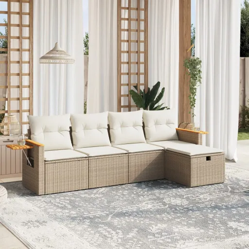 Conjunto de Sofás p/ Jardim com Almofadões Vime PE Bege (5 pcs)