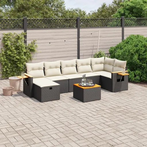 Conjunto Sofás de Jardim com Almofadões Vime PE Preto (8 pcs)