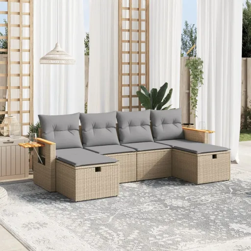 Conj. Sofás Jardim c/ Almofadões Vime PE Bege Misturado (6 pcs)