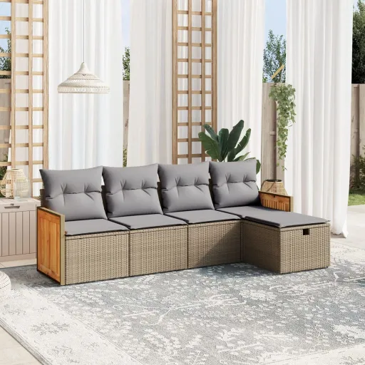 Conj. Sofás Jardim c/ Almofadões Vime PE Bege Misturado (5 pcs)