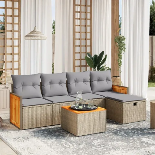 Conj. Sofás Jardim c/ Almofadões Vime PE Bege Misturado (6 pcs)