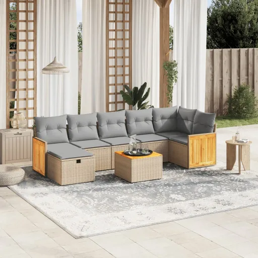 Conj. Sofás Jardim c/ Almofadões Vime PE Bege Misturado (8 pcs)
