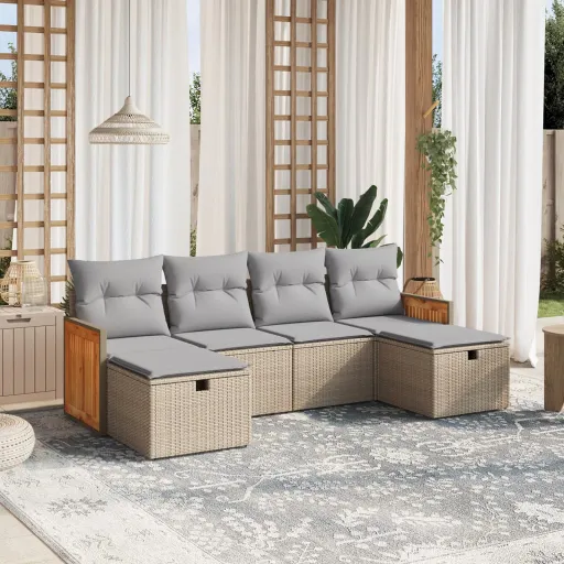 Conj. Sofás Jardim c/ Almofadões Vime PE Bege Misturado (6 pcs)
