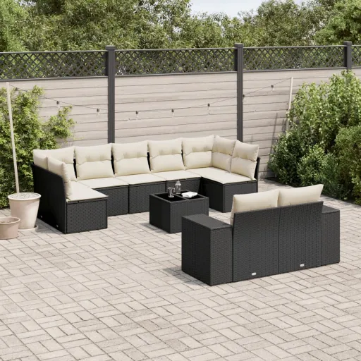 Conjunto Sofás de Jardim c/ Almofadões Vime PE Preto (10 pcs)
