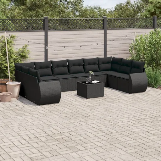 Conjunto Sofás de Jardim c/ Almofadões Vime PE Preto (11 pcs)