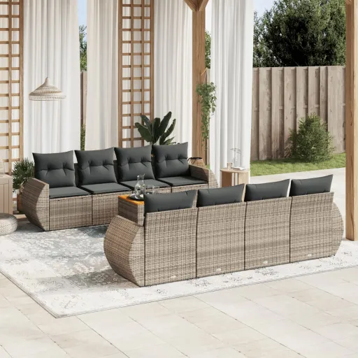 Conjunto Sofás p/ Jardim com Almofadões Vime PE Cinzento (9 pcs)