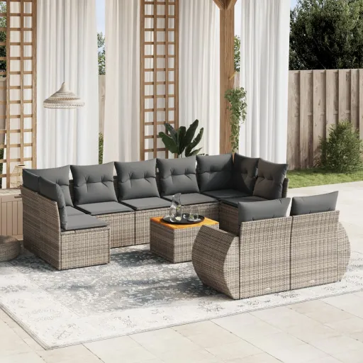 Conjunto Sofás de Jardim c/ Almofadões Vime PE Cinzento (10 pcs)