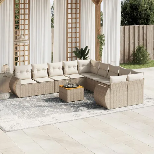Conjunto Sofás de Jardim c/ Almofadões Vime PE Bege (11 pcs)