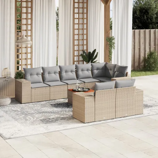 Conjunto de Sofás p/ Jardim com Almofadões Vime PE Bege (9 pcs)