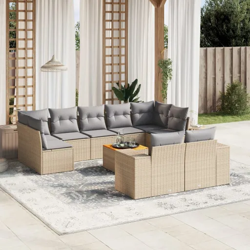 Conjunto de Sofás p/ Jardim com Almofadões Vime PE Bege (10 pcs)