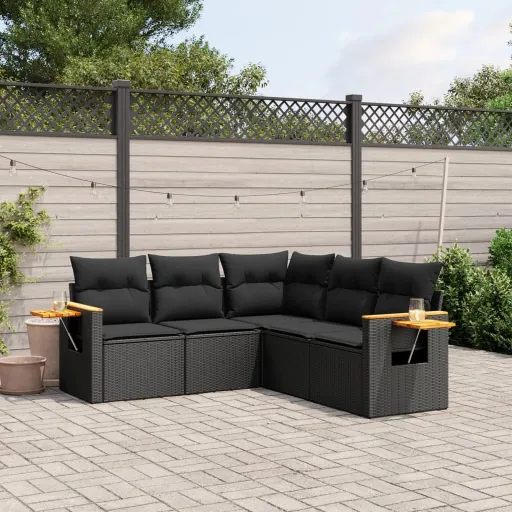 Conjunto Sofás de Jardim com Almofadões Vime PE Preto (5 pcs)