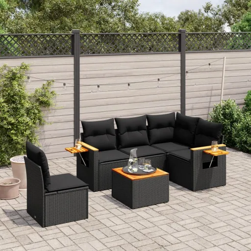 Conjunto Sofás de Jardim c/ Almofadões Vime PE Preto (6 pcs)