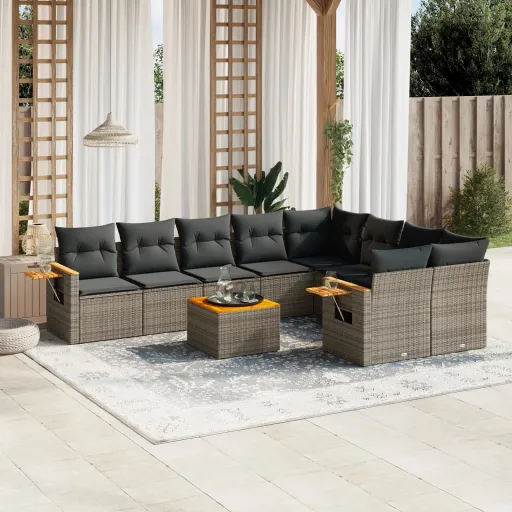 Conjunto Sofás de Jardim c/ Almofadões Vime PE Cinzento (10 pcs)