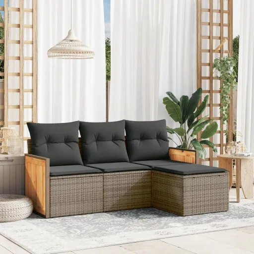 Conjunto Sofás de Jardim c/ Almofadões Vime PE Cinzento (4 pcs)