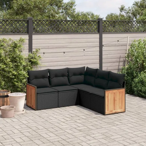 Conjunto Sofás de Jardim com Almofadões Vime PE Preto (5 pcs)