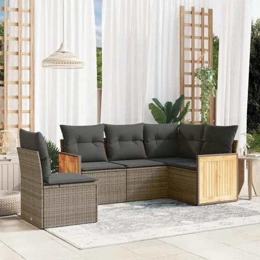 Conjunto Sofás de Jardim c/ Almofadões Vime PE Cinzento (5 pcs)