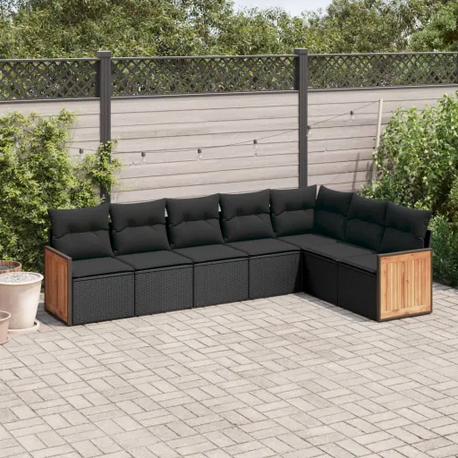 Conjunto de Sofás p/ Jardim c/ Almofadões Vime PE Preto (7 pcs)