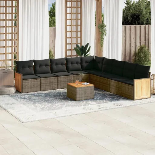 Conjunto Sofás de Jardim c/ Almofadões Vime PE Cinzento (10 pcs)