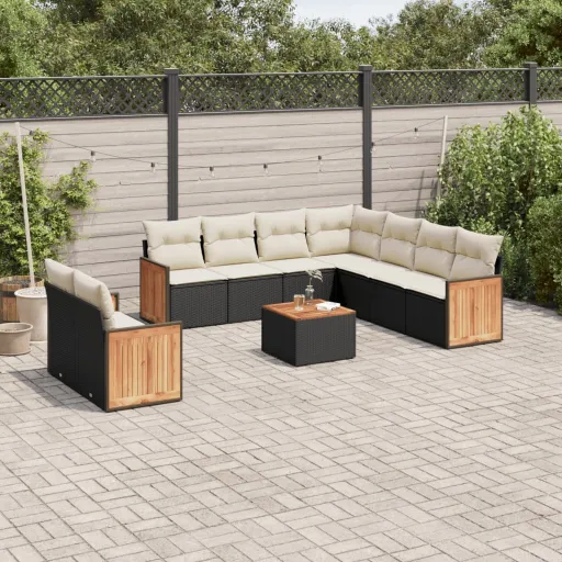 Conjunto Sofás de Jardim c/ Almofadões Vime PE Preto (10 pcs)