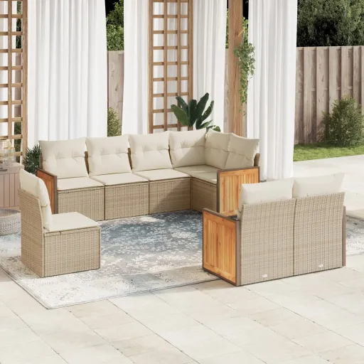 Conjunto de Sofás p/ Jardim com Almofadões Vime PE Bege (8 pcs)