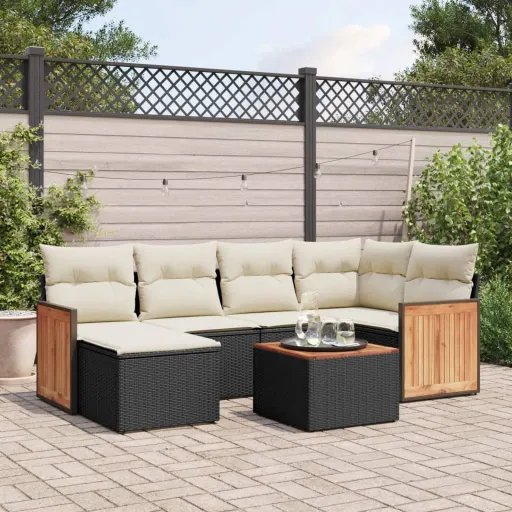 Conjunto de Sofás p/ Jardim c/ Almofadões Vime PE Preto (7 pcs)