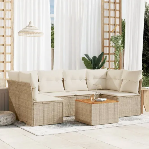 Conjunto de Sofás p/ Jardim com Almofadões Vime PE Bege (7 pcs)