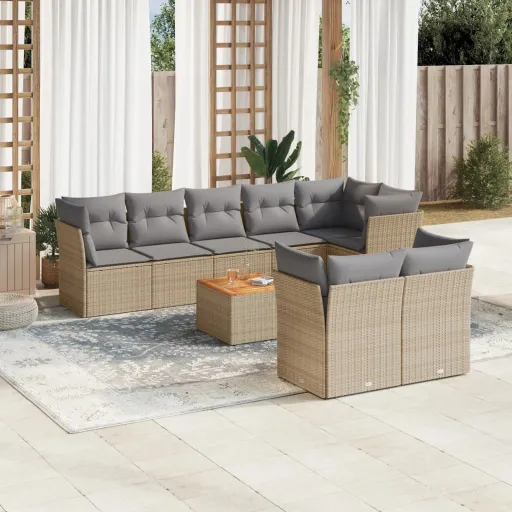 Conj. Sofás Jardim c/ Almofadões Vime PE Bege Misturado (9 pcs)