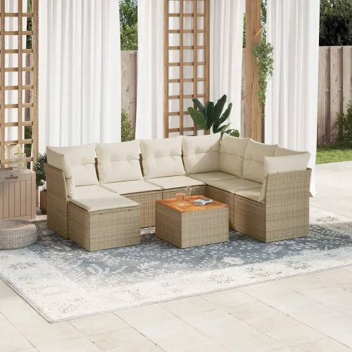 Conjunto de Sofás p/ Jardim com Almofadões Vime PE Bege (8 pcs)