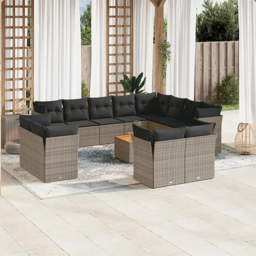 Conjunto Sofás p/ Jardim c/ Almofadões Vime PE Cinzento (13 pcs)